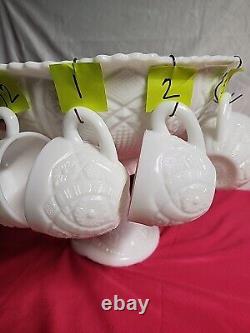 1950's Thatcher McKee White Milk Glass Punch Bowl Concord 28pc set WithHangers