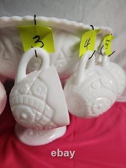 1950's Thatcher McKee White Milk Glass Punch Bowl Concord 28pc set WithHangers