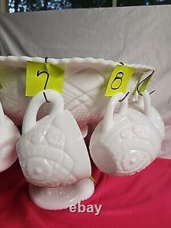 1950's Thatcher McKee White Milk Glass Punch Bowl Concord 28pc set WithHangers