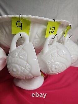 1950's Thatcher McKee White Milk Glass Punch Bowl Concord 28pc set WithHangers