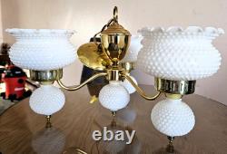 1960s Hobnail Milk Glass Chandelier 3 Arm Hanging Fixture Ceiling Lamp Moe Light