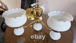 1960s Hobnail Milk Glass Chandelier 3 Arm Hanging Fixture Ceiling Lamp Moe Light