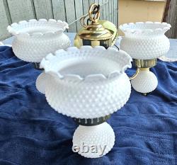 1960s Hobnail Milk Glass Chandelier 3 Arm Hanging Fixture Ceiling Lamp Moe Light