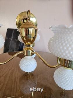 1960s Hobnail Milk Glass Chandelier 3 Arm Hanging Fixture Ceiling Lamp Moe Light