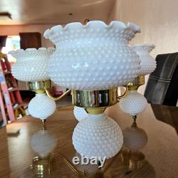 1960s Hobnail Milk Glass Chandelier 3 Arm Hanging Fixture Ceiling Lamp Moe Light