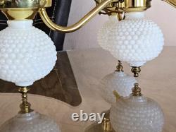 1960s Hobnail Milk Glass Chandelier 3 Arm Hanging Fixture Ceiling Lamp Moe Light