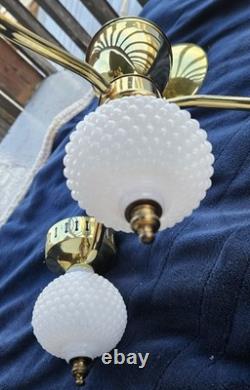 1960s Hobnail Milk Glass Chandelier 3 Arm Hanging Fixture Ceiling Lamp Moe Light