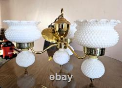 1960s Hobnail Milk Glass Chandelier 3 Arm Hanging Fixture Ceiling Lamp Moe Light