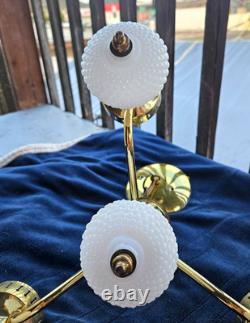 1960s Hobnail Milk Glass Chandelier 3 Arm Hanging Fixture Ceiling Lamp Moe Light