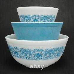 1970s Vintage Pyrex Horizon Blue 300-41 3-Piece Milk Glass Mixing Bowl Set