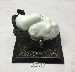 19TH CENTURY INKWELL White Milk Glass Dog Head Figure, Iron Base, 1880, Tips