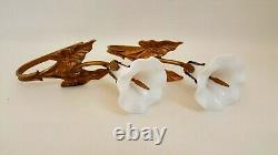 2 ANTIQUE MILK GLASS FLUTED LILY SHADES BRASS WALL SCONCES STAMEN 1920s