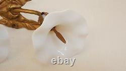 2 ANTIQUE MILK GLASS FLUTED LILY SHADES BRASS WALL SCONCES STAMEN 1920s