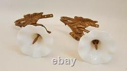 2 ANTIQUE MILK GLASS FLUTED LILY SHADES BRASS WALL SCONCES STAMEN 1920s