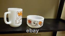 2 Anchor Hocking Snoopy Milk Glass Mug & Matching Bowl