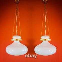 2 Available Vintage white opaline milk glass pendant ceiling light brass chains