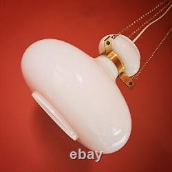 2 Available Vintage white opaline milk glass pendant ceiling light brass chains