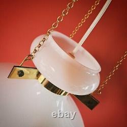 2 Available Vintage white opaline milk glass pendant ceiling light brass chains