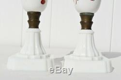 2 Beautiful Antique Hand Painted Grapes White/milk Glass Oil/kerosene Lamp