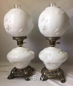 2 Gone w the Wind Puffy Rose Lamps Vintage Electric Milk Glass Fenton or Phoenix