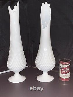 2 Large Vintage Fenton White Milk Glass Swung Vases Hobnail Mid Century Modern