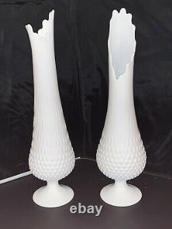 2 Large Vintage Fenton White Milk Glass Swung Vases Hobnail Mid Century Modern