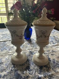 2 Matching Westmoreland Milk Glass Pedestal Footed Lid Candy Dish Roses & Bows