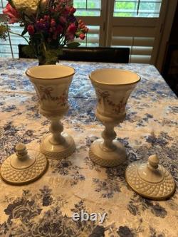 2 Matching Westmoreland Milk Glass Pedestal Footed Lid Candy Dish Roses & Bows