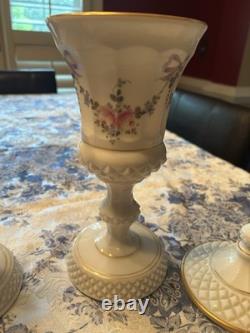 2 Matching Westmoreland Milk Glass Pedestal Footed Lid Candy Dish Roses & Bows
