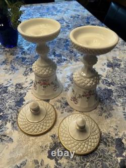 2 Matching Westmoreland Milk Glass Pedestal Footed Lid Candy Dish Roses & Bows