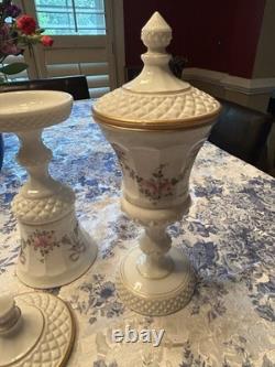 2 Matching Westmoreland Milk Glass Pedestal Footed Lid Candy Dish Roses & Bows