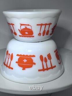 2 PC Rare Hazel Atlas Kitchen Aids Orange Bowls 5 & 6 Mixing Bowls EXTRA NICE