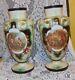 2 Rare 14 Old Antique Victorian Hand Painted Quild Decorated Milk Glass Vases