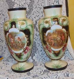 2 Rare 14 Old Antique Victorian Hand Painted Quild Decorated Milk Glass Vases