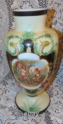 2 Rare 14 Old Antique Victorian Hand Painted Quild Decorated Milk Glass Vases