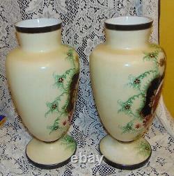 2 Rare 14 Old Antique Victorian Hand Painted Quild Decorated Milk Glass Vases