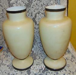 2 Rare 14 Old Antique Victorian Hand Painted Quild Decorated Milk Glass Vases