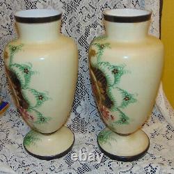 2 Rare 14 Old Antique Victorian Hand Painted Quild Decorated Milk Glass Vases