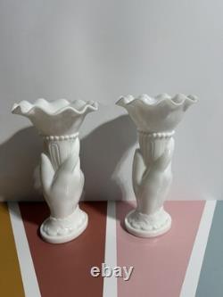 2- VTG Westmoreland Hand Holding Vase Milk Glass Ruffle Top 8.25 VGC