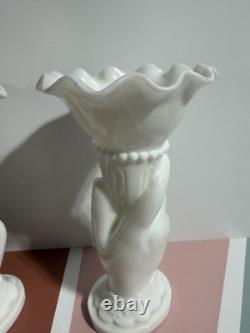 2- VTG Westmoreland Hand Holding Vase Milk Glass Ruffle Top 8.25 VGC