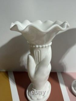 2- VTG Westmoreland Hand Holding Vase Milk Glass Ruffle Top 8.25 VGC