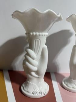 2- VTG Westmoreland Hand Holding Vase Milk Glass Ruffle Top 8.25 VGC
