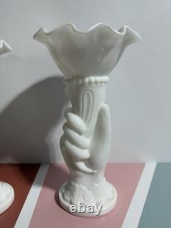2- VTG Westmoreland Hand Holding Vase Milk Glass Ruffle Top 8.25 VGC