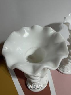 2- VTG Westmoreland Hand Holding Vase Milk Glass Ruffle Top 8.25 VGC