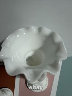 2- VTG Westmoreland Hand Holding Vase Milk Glass Ruffle Top 8.25 VGC