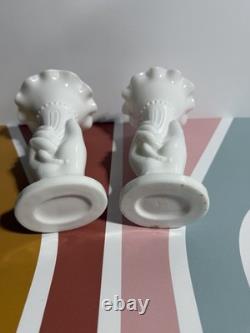 2- VTG Westmoreland Hand Holding Vase Milk Glass Ruffle Top 8.25 VGC