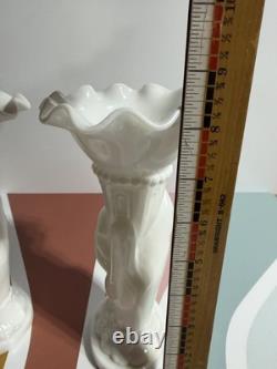 2- VTG Westmoreland Hand Holding Vase Milk Glass Ruffle Top 8.25 VGC