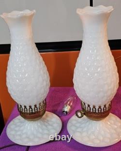 (2) Vintage 13 White Milk Glass Hobnail Parlor Lamps