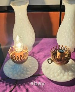 (2) Vintage 13 White Milk Glass Hobnail Parlor Lamps