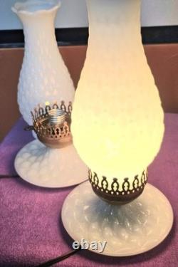 (2) Vintage 13 White Milk Glass Hobnail Parlor Lamps